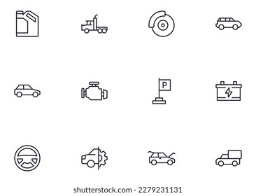 Fahrzeugkonzept. Symbol für die Autozeile gesetzt. Sammlung von Vektorzeichen im trendigen Flachstil für Webseiten, Internetläden und Läden, Bücher und Flyer. Symbole in Premium-Qualität einzeln auf weißem Hintergrund 