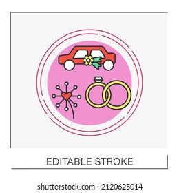  Car concept line icon. Traditional wedding decorated vehicle for couple and rings. Wedding.Vector isolated conception metaphor illustration