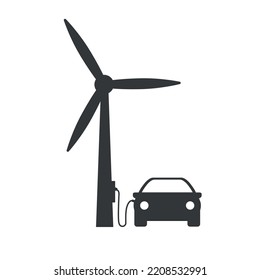 The car is connected to a wind turbine. Wind power plant. Charging an electric car from a wind farm.