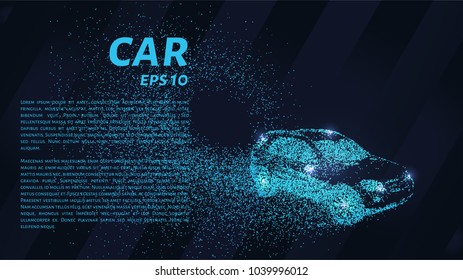 The car consists of dots and circles. Car the wind blows away particles. Vector illustration.