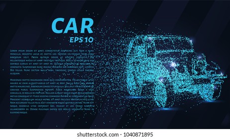 The car consists of dots and circles. Car the wind blows away particles. Vector illustration.