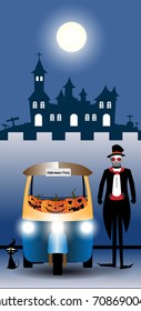 Car contain halloween pumpkin vector with castle background in moon night party, illustration eps 10