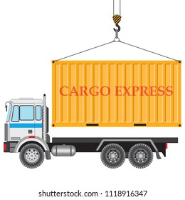 Car container ship. Freight shipping container hanging on crane hook. Simple design. Flat style vector illustration on a white background