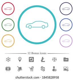 Car contour flat color icons in circle shape outlines. 12 bonus icons included.