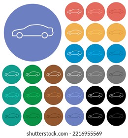 Car Contour Side View Multi Colored Flat Icons On Round Backgrounds. Included White, Light And Dark Icon Variations For Hover And Active Status Effects, And Bonus Shades.