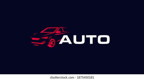 Concepto de logotipo vectorial de estilo de contorno de coche. Icono de aislamiento de silueta automática sobre fondo negro. Logotipo automotriz para el servicio de reparación y diagnóstico de coches