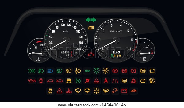 Car control interface with a set of information icons\
indicating the status of the car. Vector illustration, template for\
game or web app
