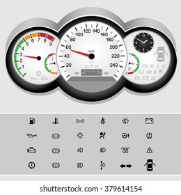 Car control panel interface on light background. Car dashboard icons set. Collection car panel symbol. Speedometer and rev counter shows the speed