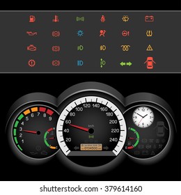 Car control panel night interface on black background. Car dashboard icons set. Collection car panel symbol. Speedometer and rev counter shows the speed