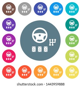 Car controls flat white icons on round color backgrounds. 17 background color variations are included.