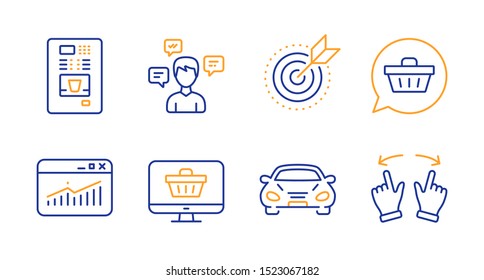 Car, Conversation messages and Shopping cart line icons set. Website statistics, Coffee vending and Web shop signs. Target purpose, Move gesture symbols. Transport, Communication. Vector