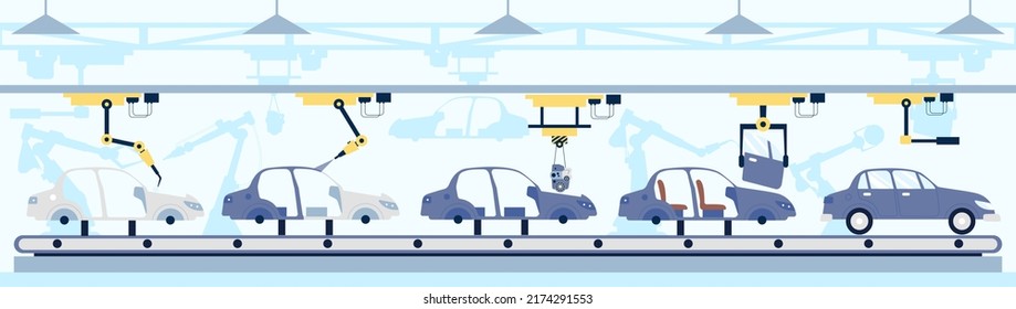 Car conveyor. Manufacturing auto with motor, car smart robotics production line. Industrial manufacture, automobile assembly process recent vector scene