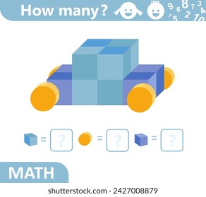 Coche. Juego de contar matemáticas para niños. Formas geométricas de automóviles. Rompecabezas de matemáticas educativas. Cuente cuántas formas geométricas hay en la imagen y escriba el resultado. Ilustración vectorial de boceto