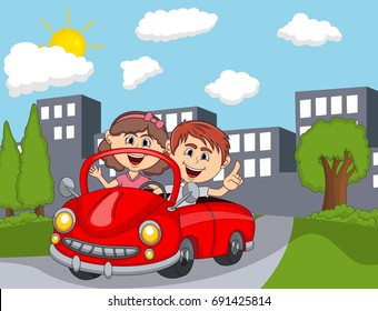 car and  a couple young passengers with city background cartoon vector illustration