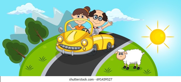 car, a couple young passengers with Hill and sheep background cartoon