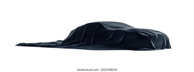 Carro coberto com um pano de seda preto, simbolizando um novo modelo desvelar ou uma apresentação de carro de luxo. Perfeito para o marketing automotivo, marca de luxo, ou mostrar futuros lançamentos de carros. Vetor