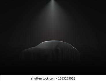 The Car Is Covered With Dark Cloth On Black Background. EPS10 Vector