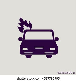 car is covered with fire and smoke.