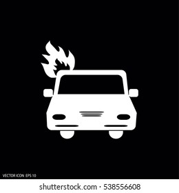 car is covered with fire and smoke.