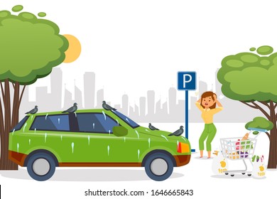 Car covered with pigeon droppings and woman cartoon character who is upset with this problem situation vector illustration. Girl near messy automobile on the parking. Bird poop on the dirty car.