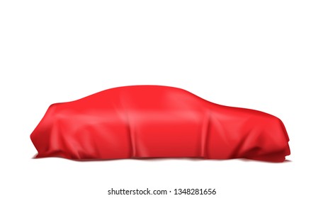 Car covered with red silk isolated on white background. Vector illustration