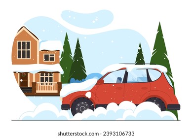 Car covered with snow concept. Winter scene in snowy weather. Crhistmas and New Year. Snowcapes at red automobile and building. Snowdrift at private property. Cartoon flat vector illustration