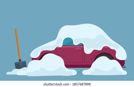 The car is covered with snow, frozen and icy, isolated on blue background. Auto is parked on the street in winter. Vector illustration, flat design, cartoon style.