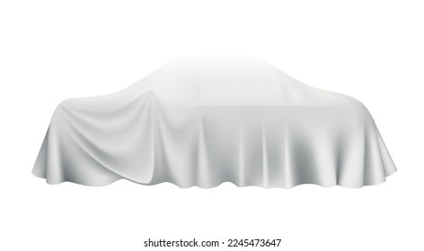 Coche cubierto con tela de seda blanca para la presentación ilustración vectorial realista