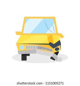 Car with cracked windshield, broken bumper and headlight. Flat vector for advertising poster of auto service or insurance company