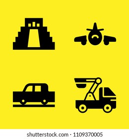 car, crane, aeroplane and chichen itza vector icon set. Sample icons set for web and graphic design