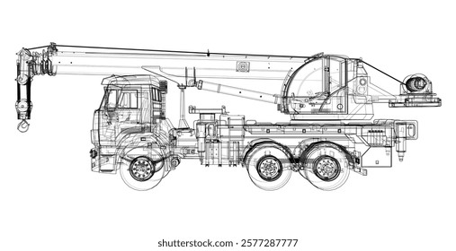 Guindaste de carro. Renderização vetorial de 3d. Estilo aramado. As camadas de linhas visíveis e invisíveis