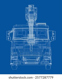 Guindaste de carro. Renderização vetorial de 3d. Estilo aramado. As camadas de linhas visíveis e invisíveis