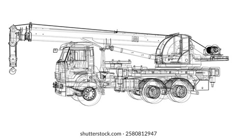 Car crane. Vector rendering of 3d. Wire-frame style. The layers of visible and invisible lines