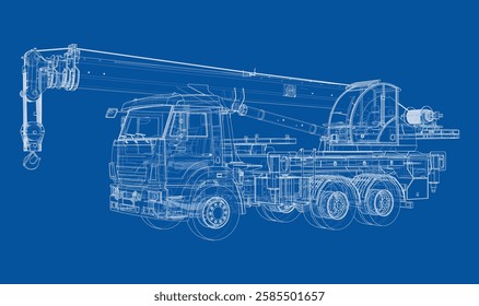 Car crane. Vector rendering of 3d. Wire-frame style. The layers of visible and invisible lines. 3D Illustration