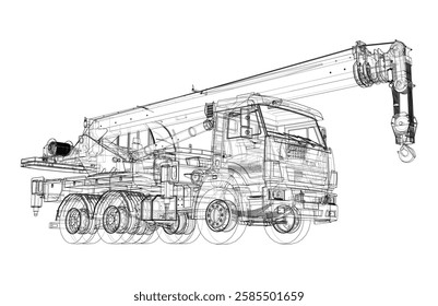 Car crane. Vector rendering of 3d. Wire-frame style. The layers of visible and invisible lines. 3D Illustration