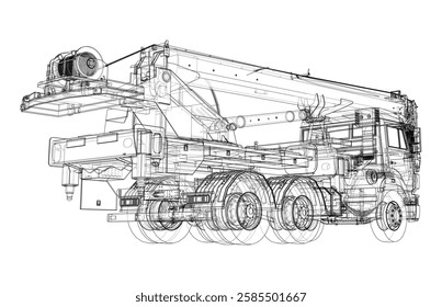 Car crane. Vector rendering of 3d. Wire-frame style. The layers of visible and invisible lines. 3D Illustration