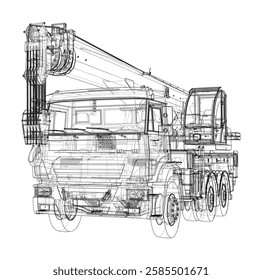 Car crane. Vector rendering of 3d. Wire-frame style. The layers of visible and invisible lines. 3D Illustration