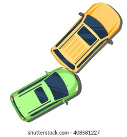 Car crash. Accident in the back of the cars Top view. Flat style color vector illustration isolated on white background for web design or print