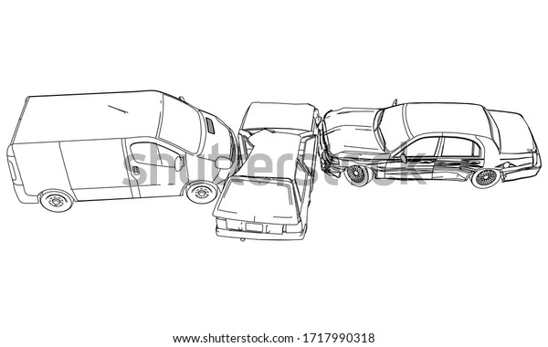 Car\
crash, car accident isolated on a white background. Car crash\
emergency disaster. Outline vector\
illustration.