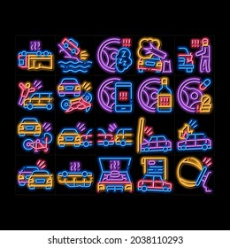 Car Crash Accident neon light sign vector. Glowing bright icon  Car Crash And Burning, Airbag Deployed And Broken Engine, Drunk And Fell Asleep At Wheel Illustrations