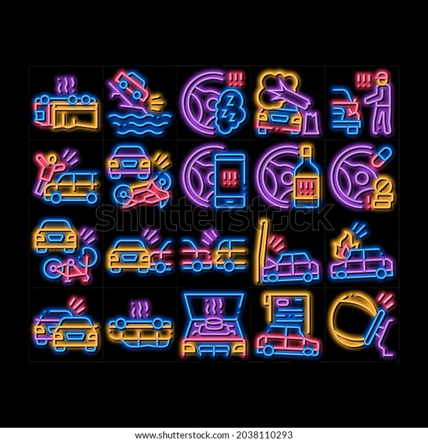 Car Crash Accident\
neon light sign vector. Glowing bright icon  Car Crash And Burning,\
Airbag Deployed And Broken Engine, Drunk And Fell Asleep At Wheel\
Illustrations