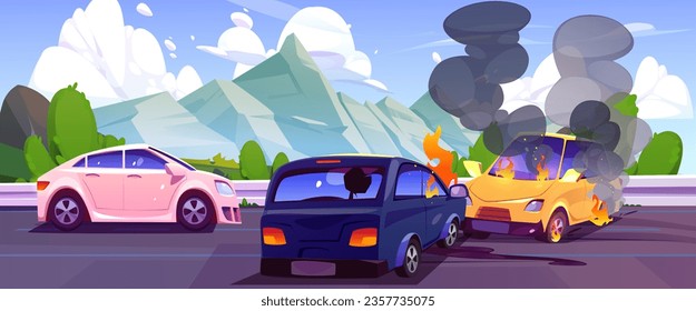 Car crash accident on mountain road traffic vector. Auto crush damage incident on highway comic concept. Automobile bumper hit and broken with fire and smoke. Transportation danger disaster graphic