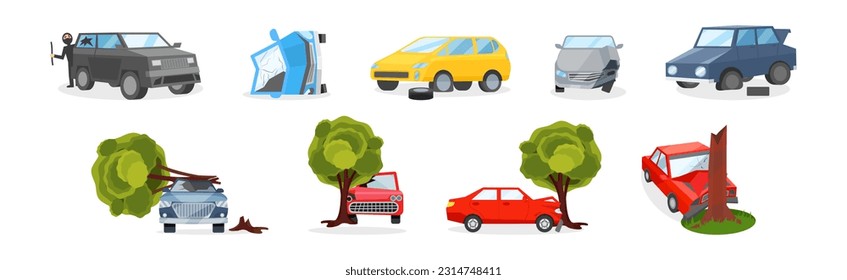 Car Crash and Accident on Road Vector Set.