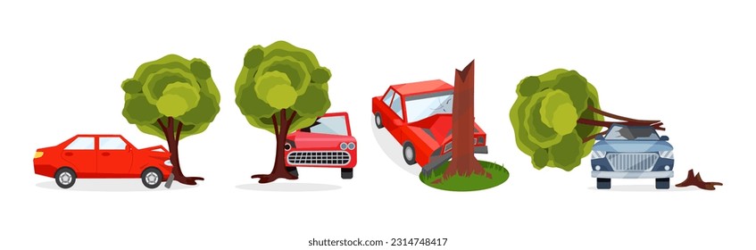 Car Crash and Accident on Road Vector Set.