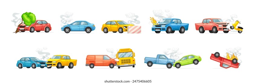 Car Crash and Accident on the Road Vector Set