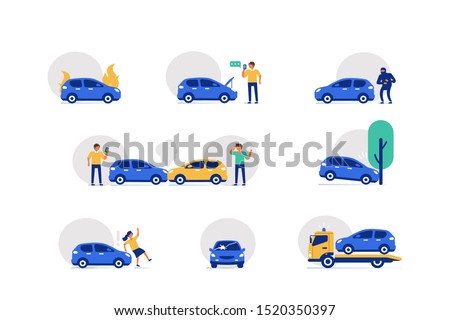 
Car Crash Accident on the Road Icons Set.  Drivers standing near Damaged Vehicles. Automobile with Broken Windshield. Different Auto Collision Scenes. Flat Cartoon Vector Illustration.