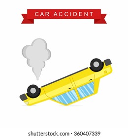 Car crash and accident on white background, Upside-down auto.