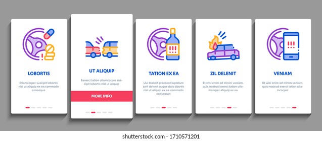 Car Crash Accident Onboarding Mobile App Page Screen Vector. Car Crash And Burning, Airbag Deployed And Broken Engine, Drunk And Fell Asleep At Wheel Color Contour Illustrations