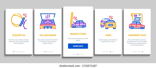 Car Crash Accident Onboarding Mobile App Page Screen Vector. Car Crash And Burning, Airbag Deployed And Broken Engine, Drunk And Fell Asleep At Wheel Color Contour Illustrations