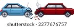 Car crash accident pixel art style. Retro video game vector illustration.